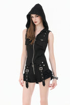 Black Sleeveless Studded Zippered Women's Punk Hooded Vest