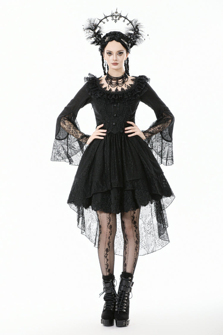 Black Lace Ruffled Boat Neck Long Trumpet Sleeves High-Low Hem Women's Gothic Dress