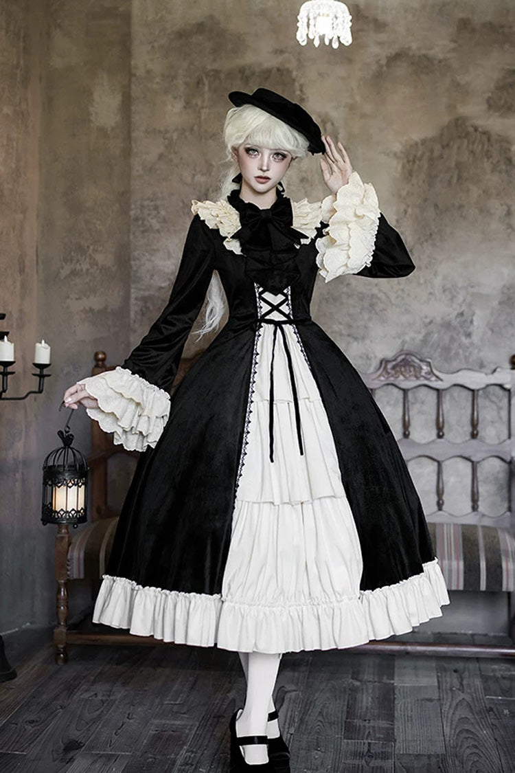 Black [Letters and Poems · Nutcracker Box] Long Sleeves Ruffled Open-Front Bow Lace-Up Gothic Lolita Dress