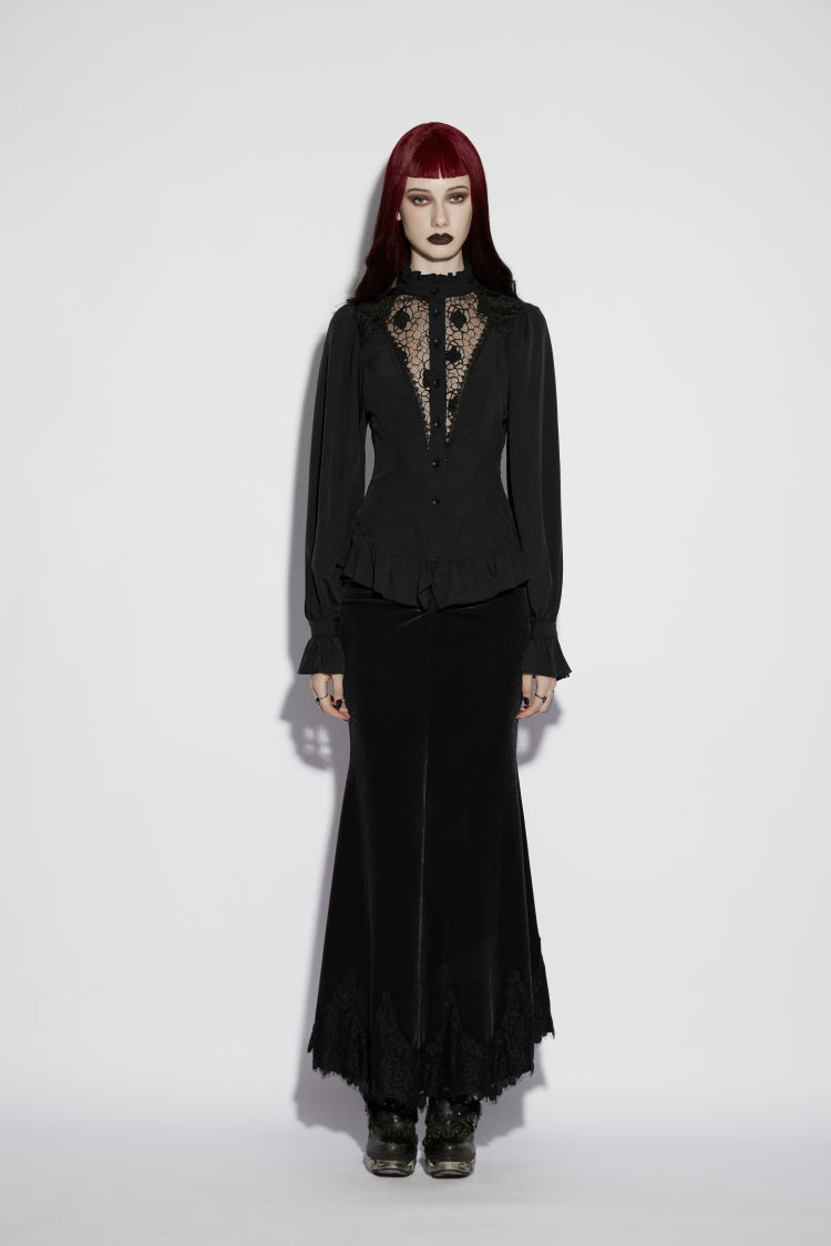 Black Stand Collar Long Lantern Sleeves Cut-Out Embroidered Spliced Lace-Up Slim Sheer Mesh Pleated Women's Gothic Palace Blouse