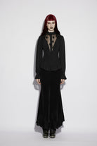 Black Stand Collar Long Lantern Sleeves Cut-Out Embroidered Spliced Lace-Up Slim Sheer Mesh Pleated Women's Gothic Palace Blouse