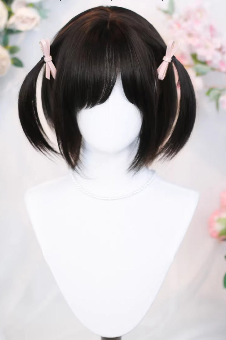 Black Tea Brown Straight Cute Bun Ponytail Doll-Like Sweet Lolita Short Wig