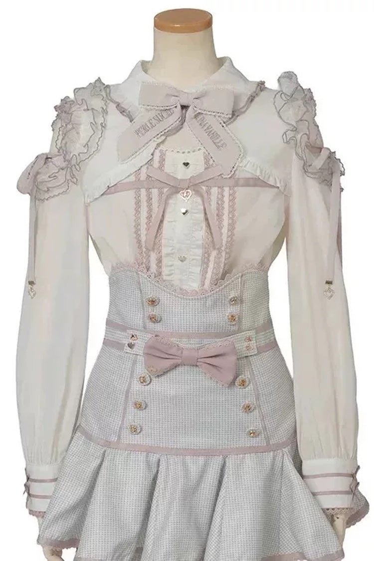 Sweet Lapel Collar Off Shoulder Long Sleeves High Waisted Printed Bow Lolita Skirt Blouse Set