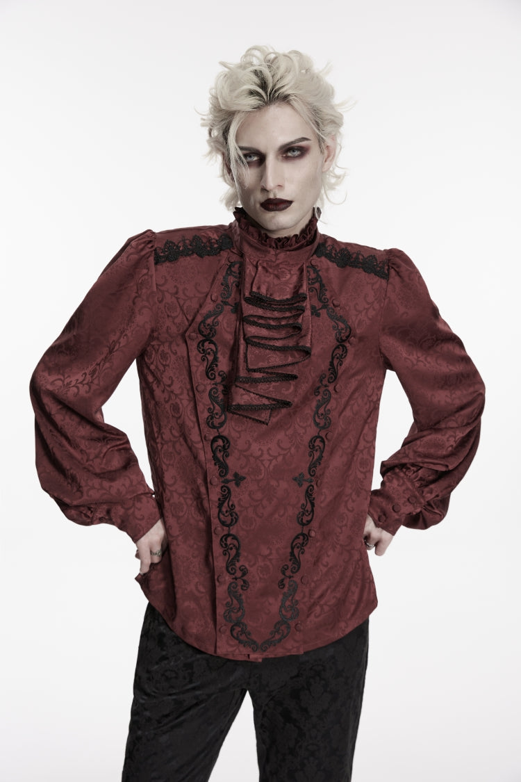 Red Stand Collar Long Lantern Sleeves Jacquard Embroidered  Men's Gothic Palace Shirt with Detachable Tie