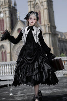 Black [Songs of Dawn and Dusk] Long Lantern Sleeves Multi-Layered Ruffled Bow Adjustable Drawstring Hem Nun Gothic Lolita Dress Set
