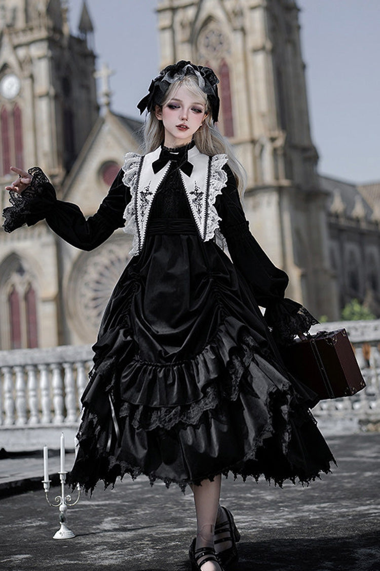 Black [Songs of Dawn and Dusk] Long Lantern Sleeves Multi-Layered Ruffled Bow Adjustable Drawstring Hem Nun Gothic Lolita Dress Set