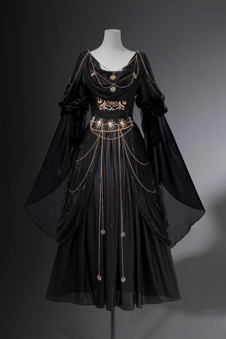 Black [Dark Greek Mythology] Long Sleeves Ruffled Embroidered Open-Front Chain-Decorated Gothic Vintage Elegant Lolita Dress
