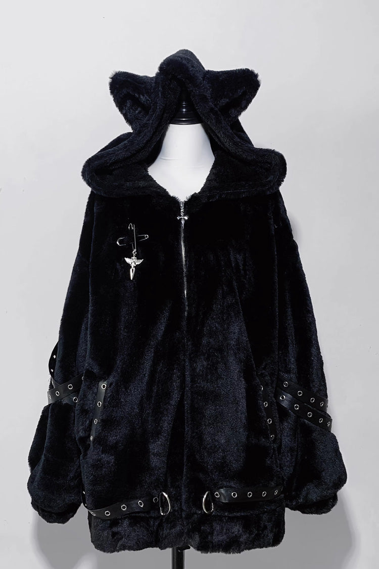 [Night Hunter] Cat Ear Long Sleeves Hooded Zippered Jirai Kei Coat 2 Colors