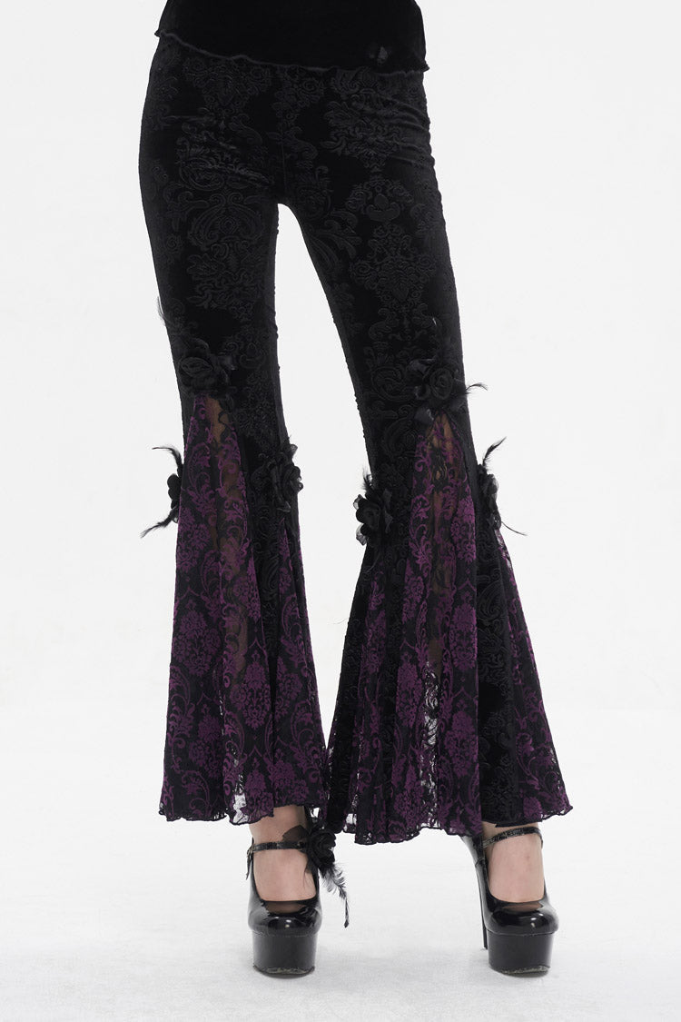 Black/Purple Printed Lace Embroidered Women's Gothic Flared Pants