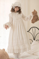 White [Good Night] Long Sleeves Double-Layered Ruffle Bowknot Lace-Up Holy Sweet Lolita Dress