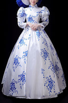 Blue/White Porcelain Printing Stand Collar High Waisted Victorian Lolita Prom Dress
