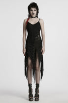 Black Sleeveless Lace Irregular Ripped Women's Gothic Party Slip Dress