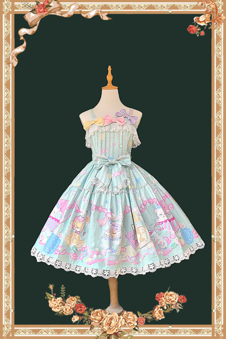 Green [Macarons Dolly House] Square Collar Sleeveless Printed Bow Sweet Lolita Jsk Dress