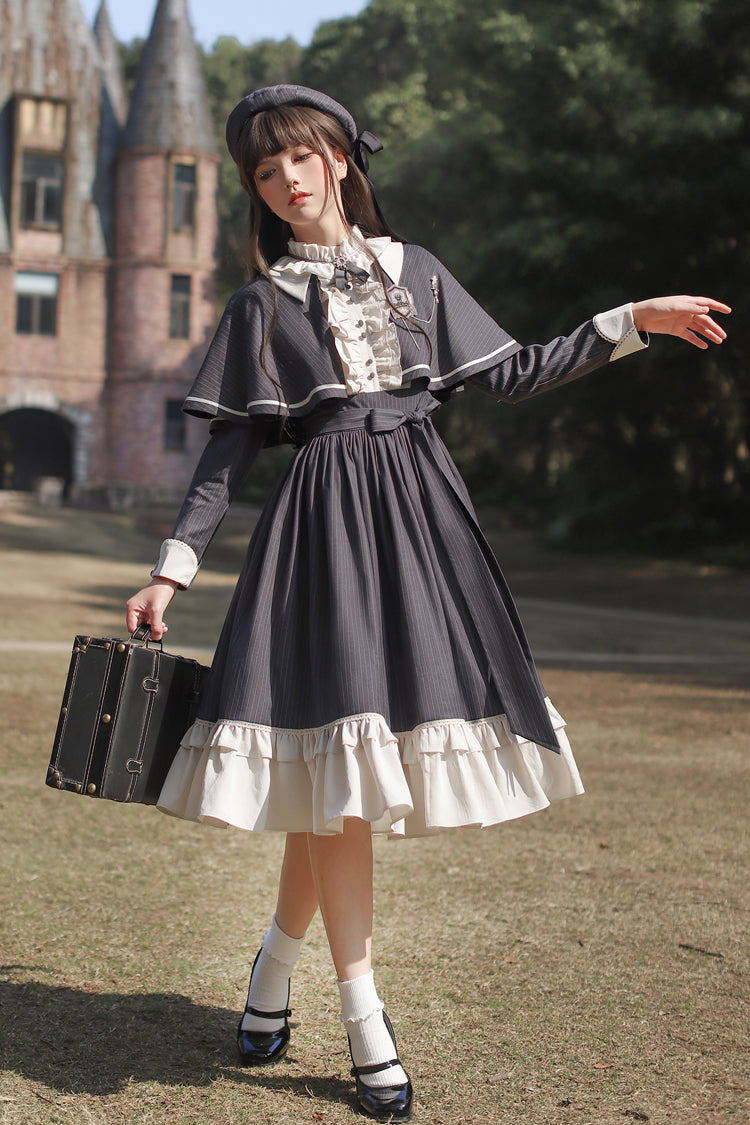 Dark Blue [Berlin Evening News] Long Sleeves Striped Print Ruffle Bowknot British College Style Elegant Sweet Lolita Dress