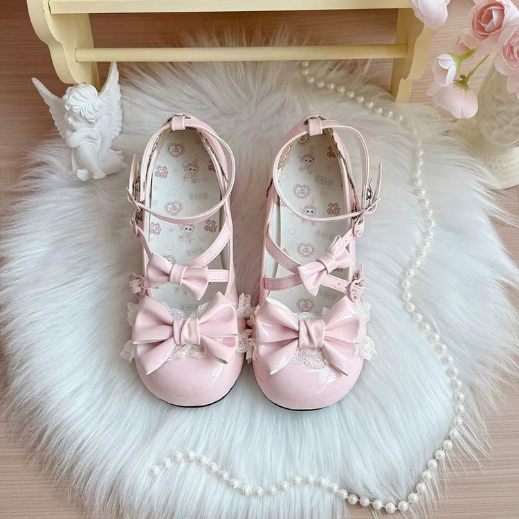 Bowknot Cross Bandage Kitten Shaped Special Heel Mid-Heel Shoes 5 Colors