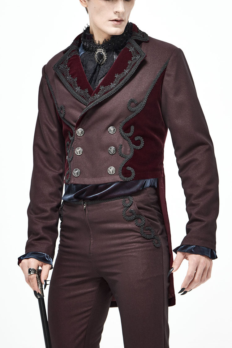 Red Front Floral Webbing Metal Retro Button Weft Velveteen Men's Gothic Tailcoat