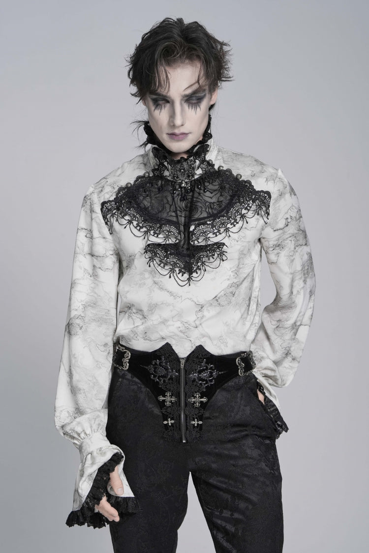 White Stand Collar Long Trumpet Marble Printed Sleeves Embroidered Spliced Men's Gothic Palace Shirt
