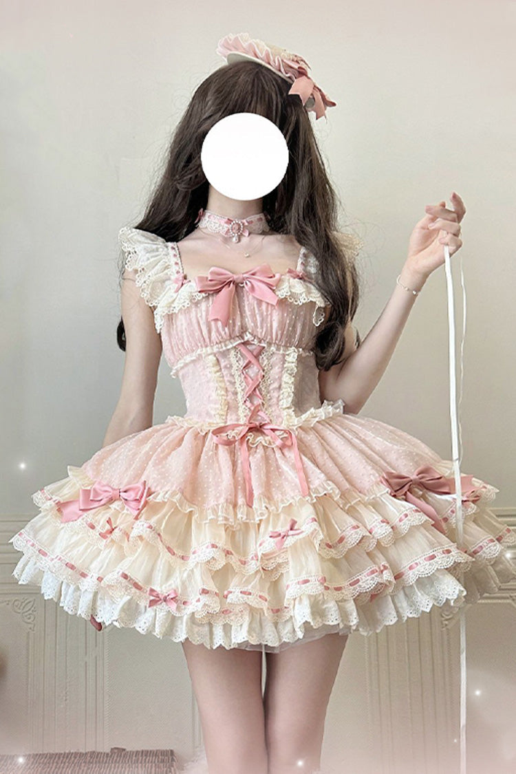 Pink [Flory Butterfly] Double-Layered Ruffle Bowknot Lace Lace-Up Sweet Ballet Lolita Jsk Dress