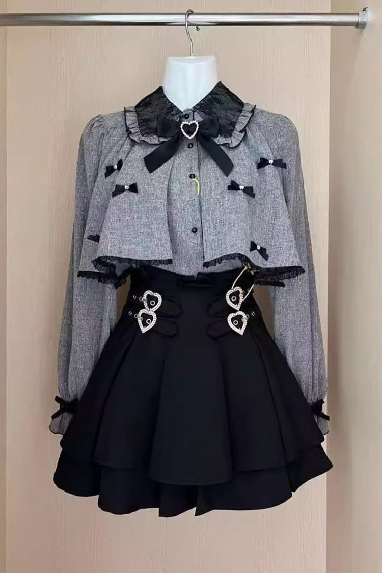Black/Grey Long Sleeves Ruffled Double Heart Buckle Japanese Jirai Kei Set