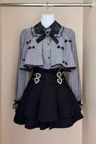 Black/Grey Long Sleeves Ruffled Double Heart Buckle Japanese Jirai Kei Set