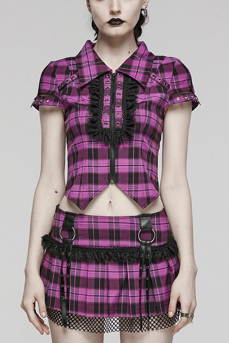 Women's Short Sleeves Plaid Print Hollow Lace Steampunk Blouse 2 Colors