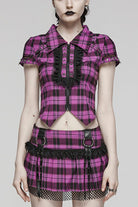 Women's Short Sleeves Plaid Print Hollow Lace Steampunk Blouse 2 Colors