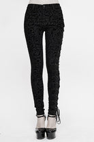 Black Gothic Flocking Patterned Laced Up Asymmetrical Side Womens Pants