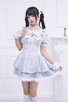 Light Blue [Waltz] Short Sleeves Ruffle Bowknot Gothic Jirai Kei Japanese Dress Set