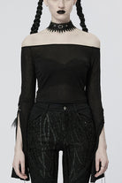Black Off Shoulder Long Sleeves Metal Chain Women's Gothic T-Shirt