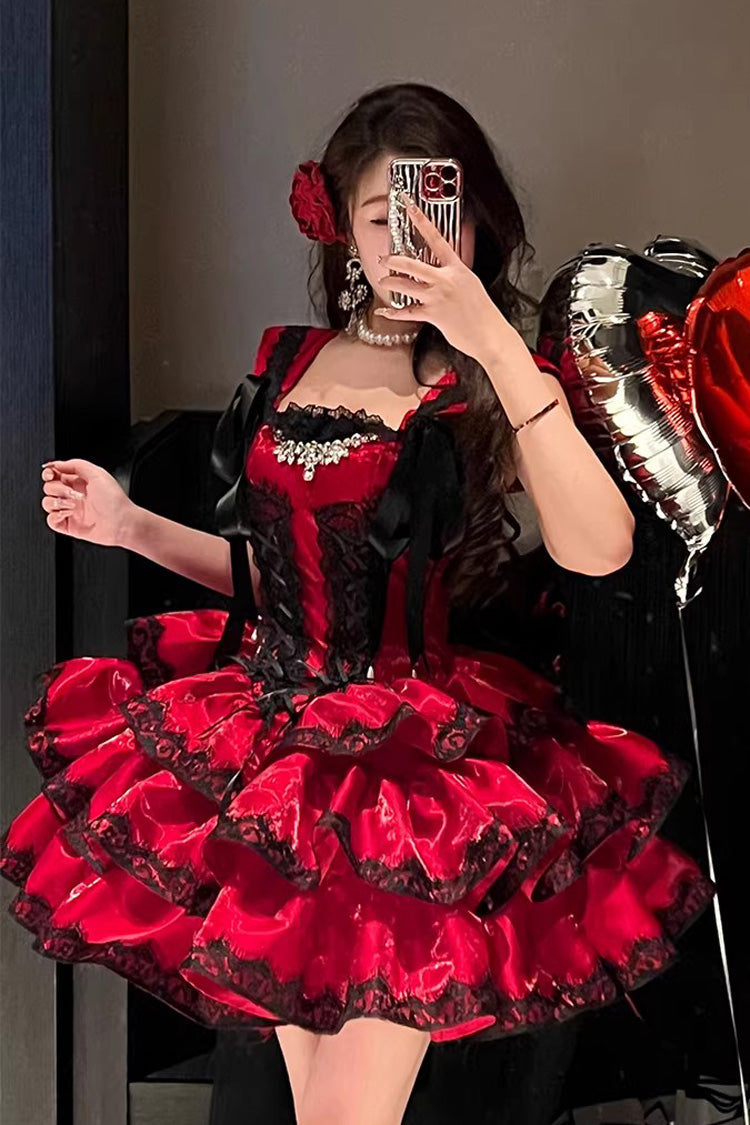Red [Love Poems of the Heart] Sleeveless Triple-Layered Ruffled Lace Lace-Up Sweet Lolita Jsk Dress