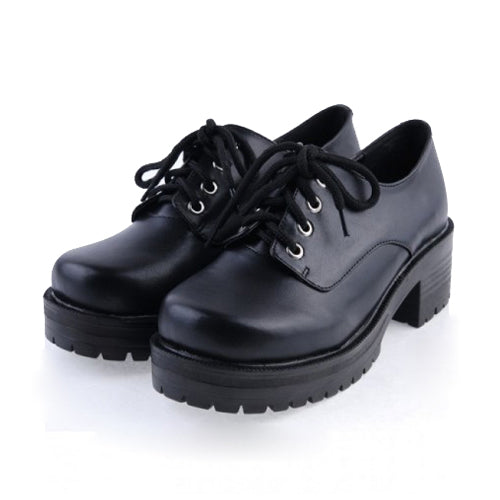 Black Synthetic Leather Round Toe Military Style Platform Lolita Shoes
