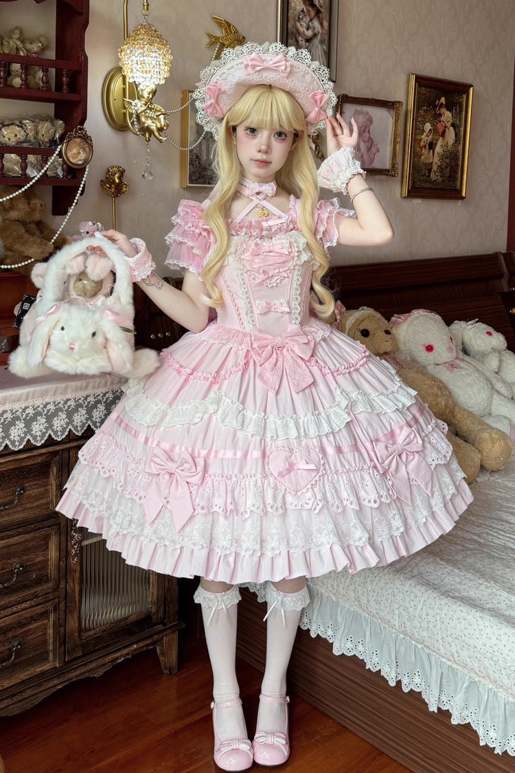 Pink [Super Cute Belia] Sleeveless Triple-Layered Ruffle Bowknot Lace Sweet Elegant Lolita Jsk Dress