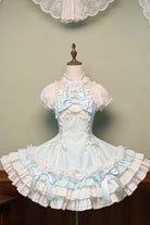 Blue Halterneck Short Sleeves Triple-Layered Polka Dot Printed Bow Lace-Up Sweet Lolita Dress