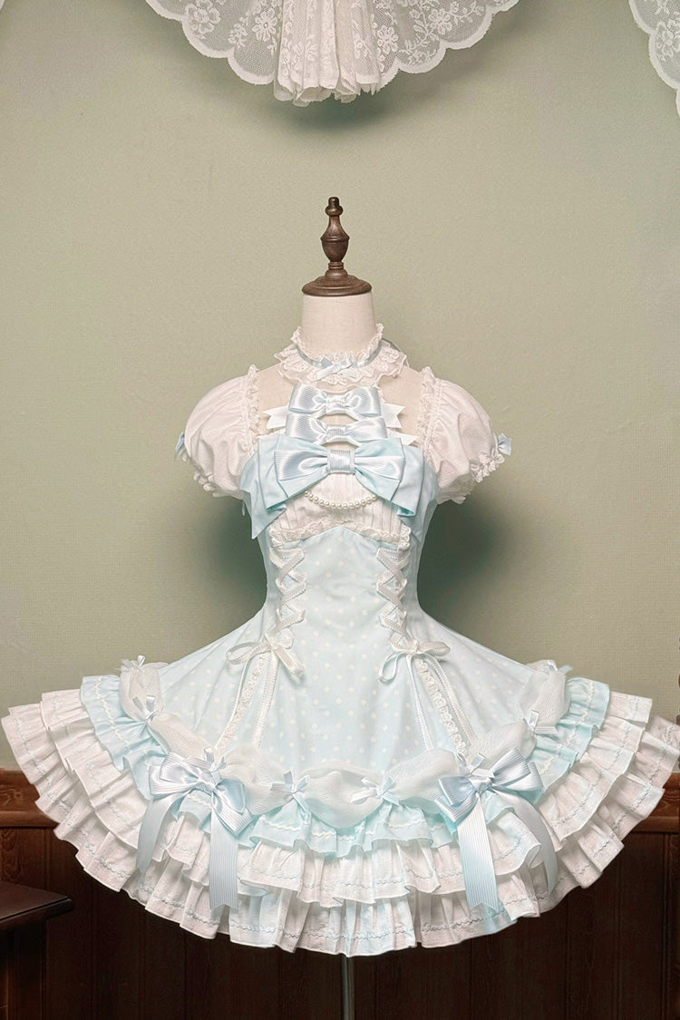 Blue Halterneck Short Sleeves Triple-Layered Polka Dot Printed Bow Lace-Up Sweet Lolita Dress