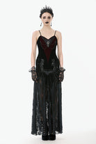 Black Multi-Layered Ruffled Velvet Spliced Lace Lace-Up Women's Gothic Long Skirt