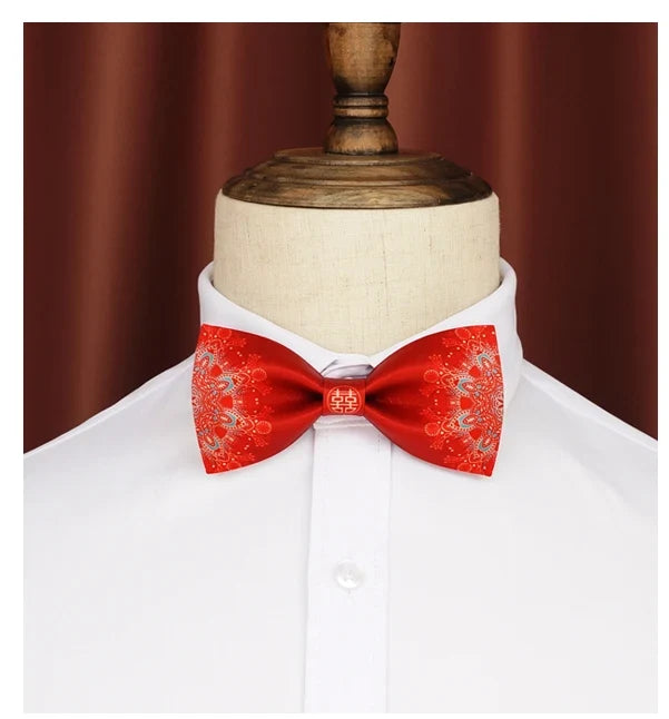 Red Oriental Floral Double Happiness Wedding Bow Tie