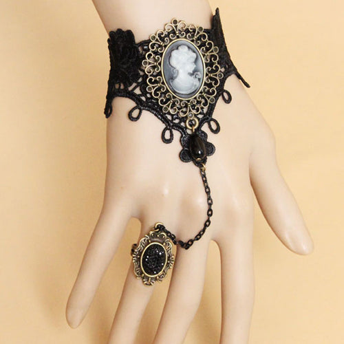 Black Retro Fashion Handmade Lace Pearl Beauty Portrait Female Gothic Lolita Ring Bracelet