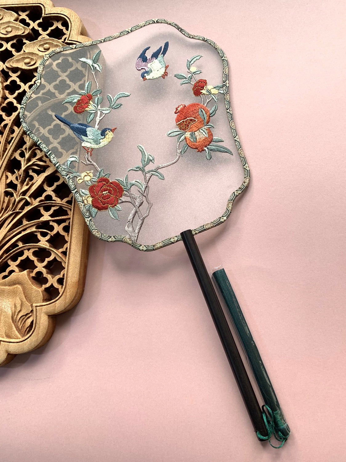 Pomegranate & Songbirds Embroidered Chinese Fan
