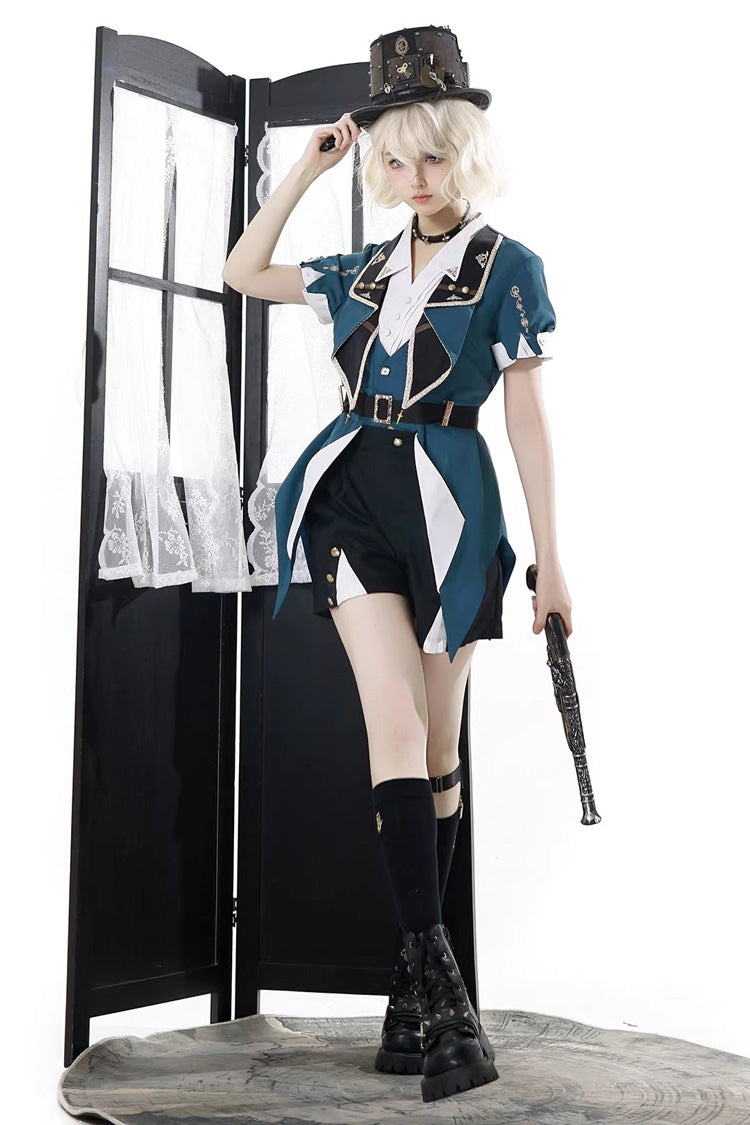 Black/Green [Anlexia Bookstore] Square Collar Short Sleeves Embroidered Studded Gothic College Style Prince Handsome Ouji Lolita Set