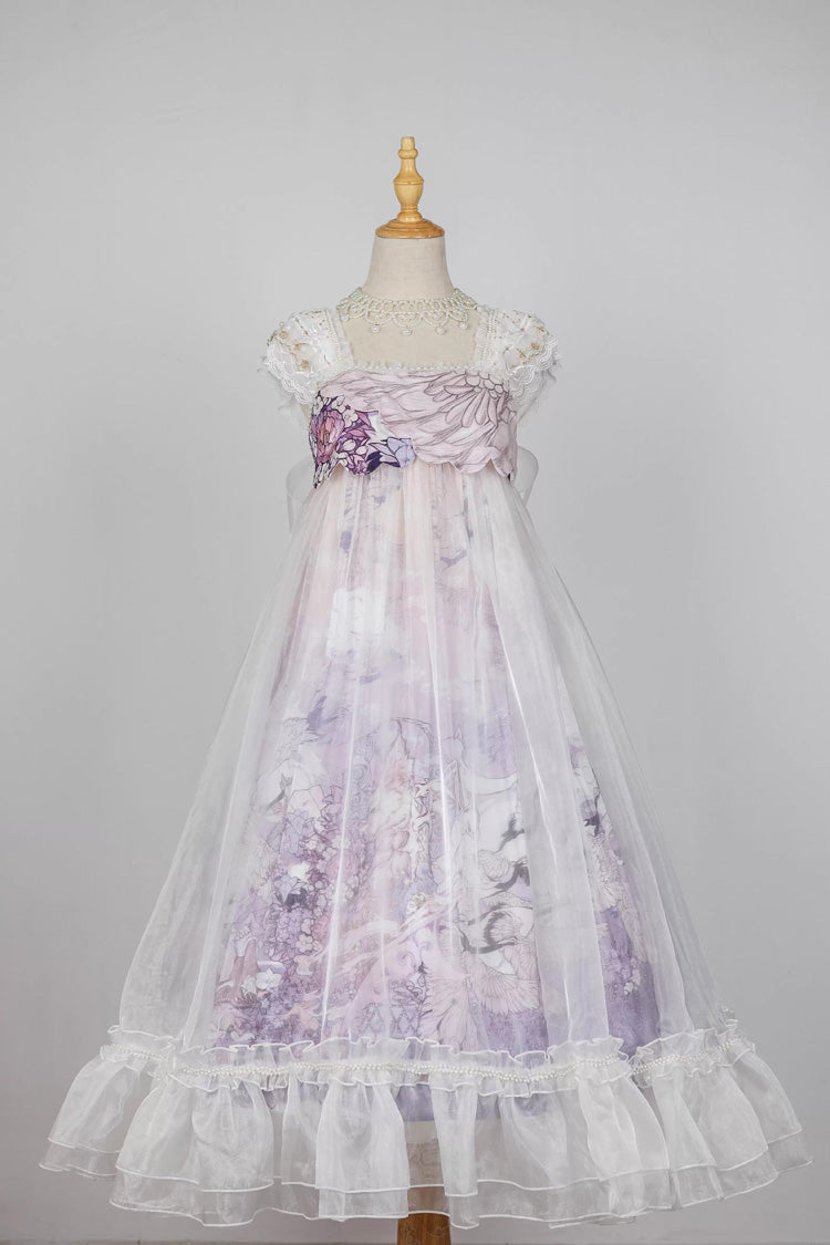 White/Purple Square Collar High Waisted Printed Ruffled Lace Pearl-Decorated Sweet Chinese Style Lolita Jsk Dress