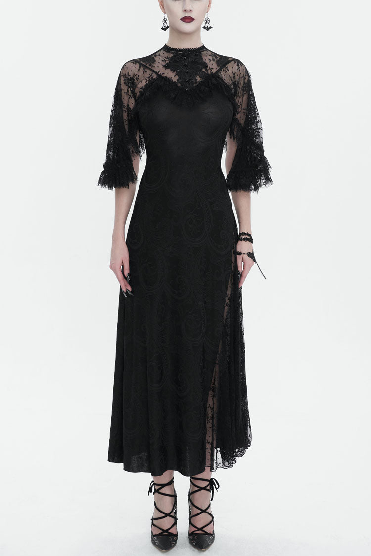 Black Stretch Printed Knit Panel Lace High Slit Asymmetric Women's Gothic Dress