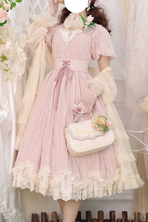 Pink Elegant Vintage Square Collar Short Sleeves Multi-Layer Ruffled Classic Lolita OP Dress