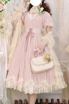 Pink Elegant Vintage Square Collar Short Sleeves Multi-Layer Ruffled Classic Lolita OP Dress
