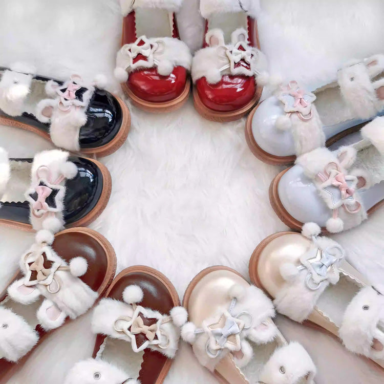 Star Bunny Ears Bowknot Furry Sweet Lolita Shoes 5 Colors