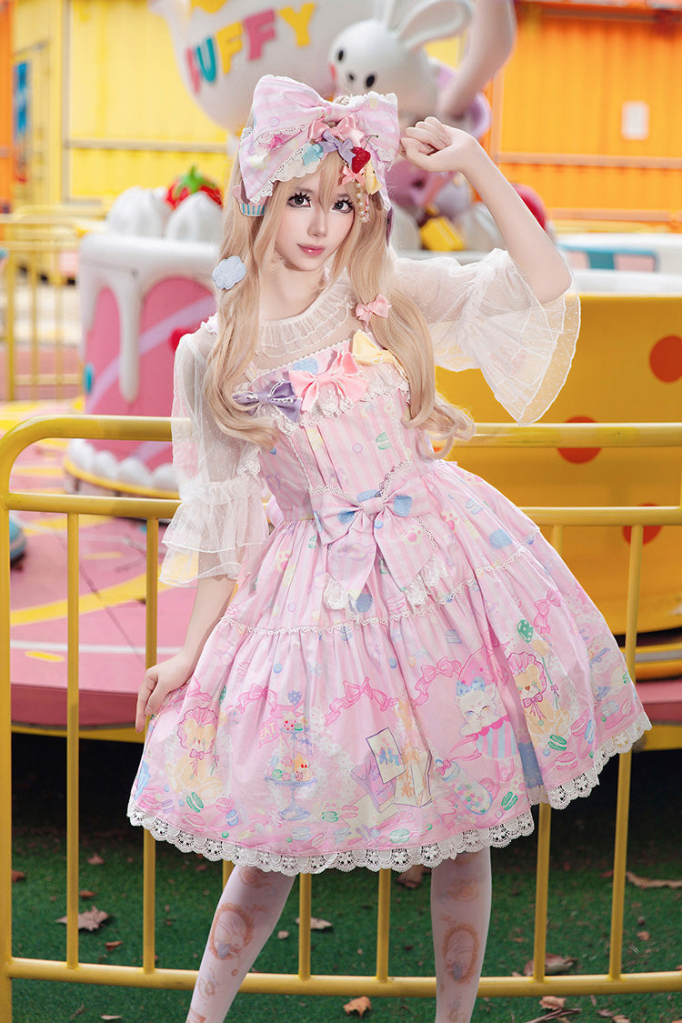 Pink [Macarons Dolly House] Square Collar Sleeveless Printed Bow Sweet Lolita Jsk Dress