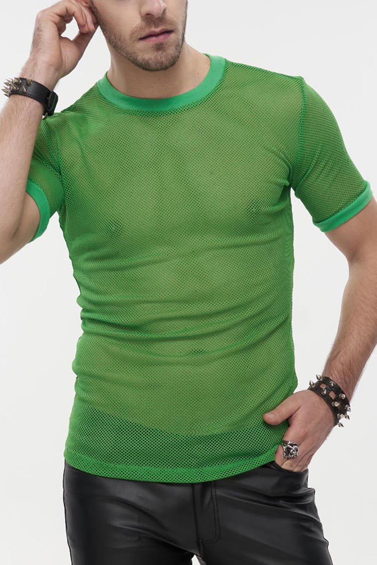 Green Gothic Crew Neck Diamond-Shaped Net Hyperelastic Short Sleeve Men's T-Shirt