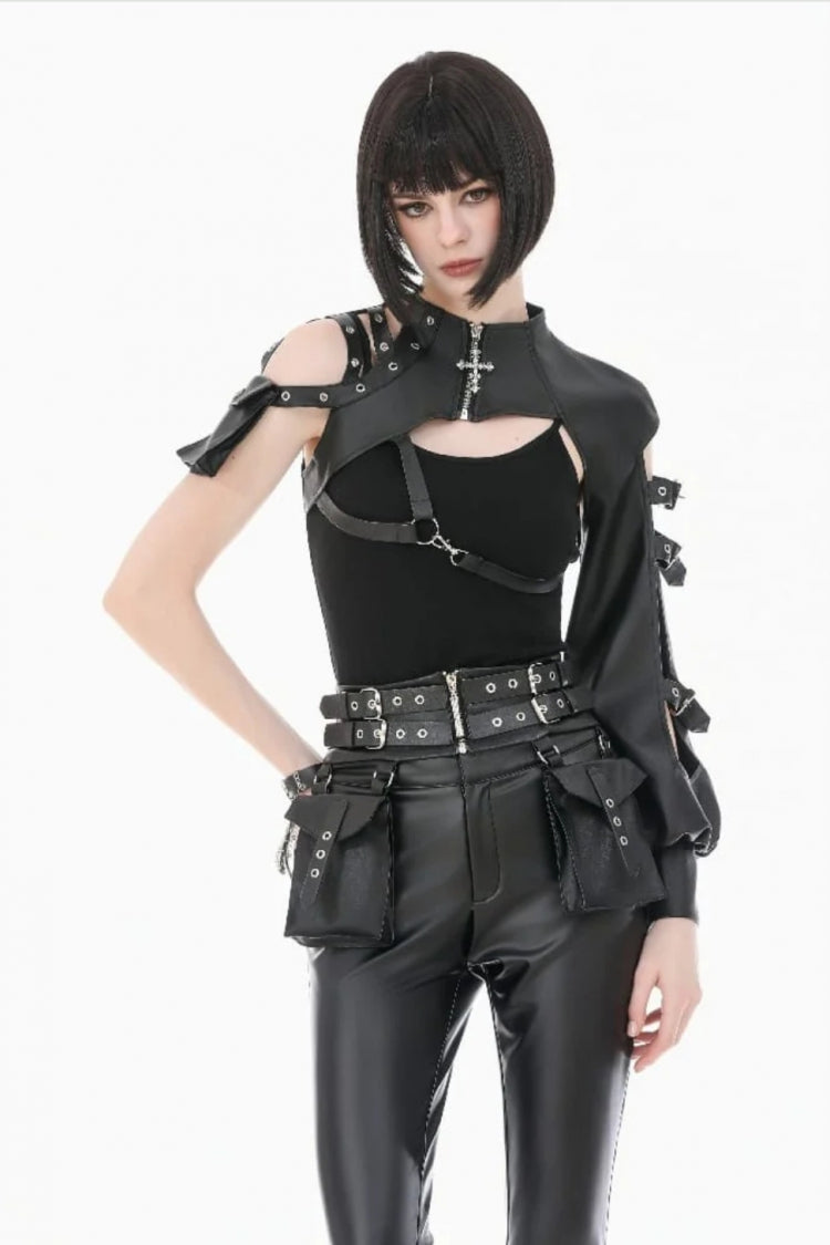 Black Cut-Out Asymmetric Buckled Eyelet Women's Punk Shrug