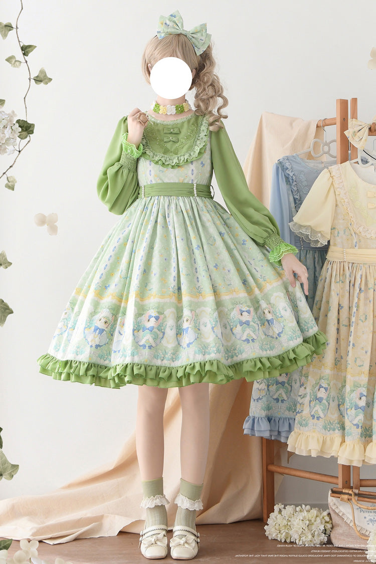 Green [Lily of the Valley Cat] Print Ruffle Embroidery Bowknot Sweet Lolita Dress