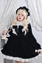 Black [Antique Velvet Doll] Stand Collar Long Sleeves Ruffled Bow Gothic Plus Size Lolita Dress