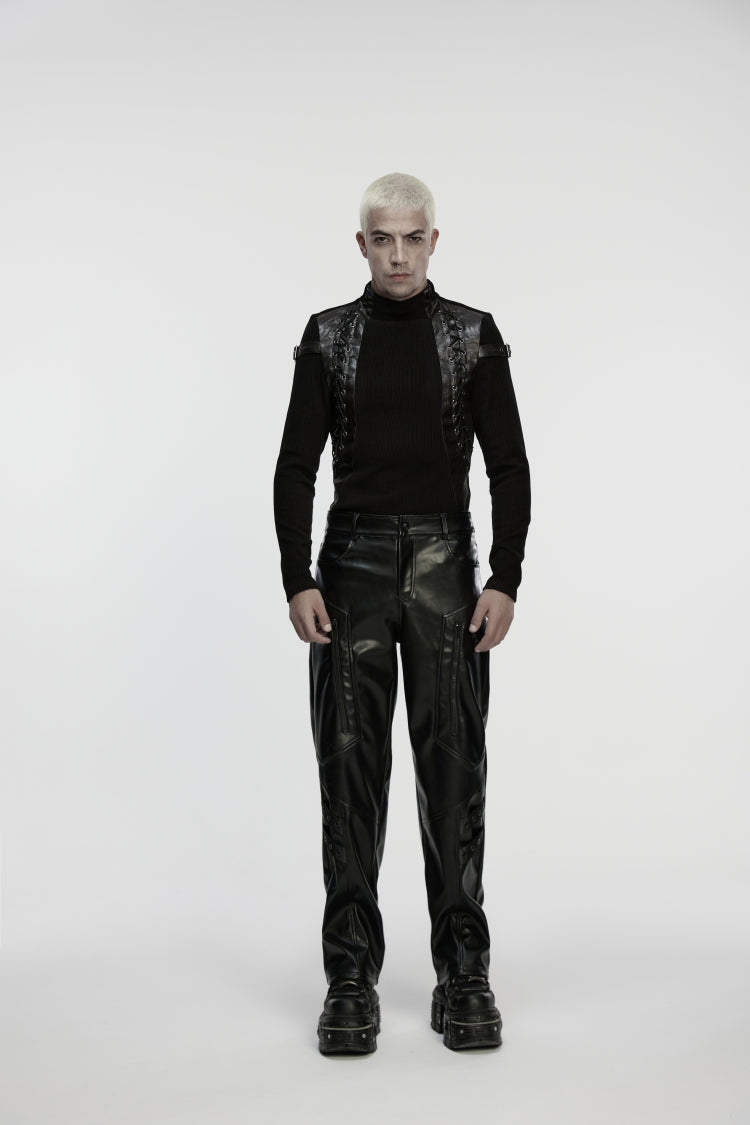 Black Zippered Eyelet Men's Punk Faux Leather Pants